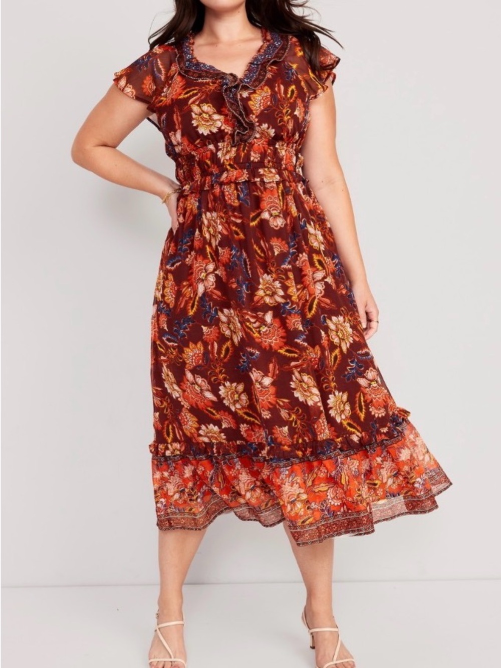 Old Navy Chiffon Flutter Sleeve Floral Midi Dress Medium M Red Orange